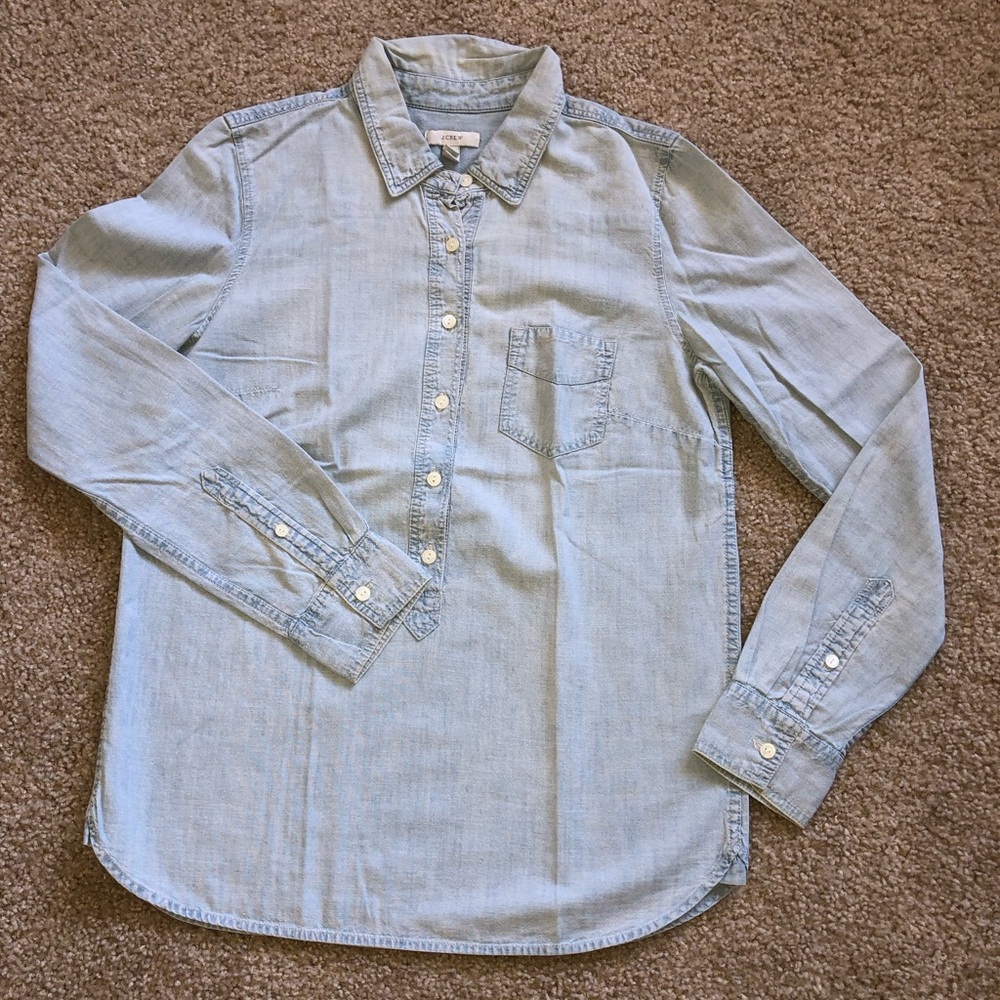 J. Crew denim pullover shirt, size S, soft fabric, pale blue.
